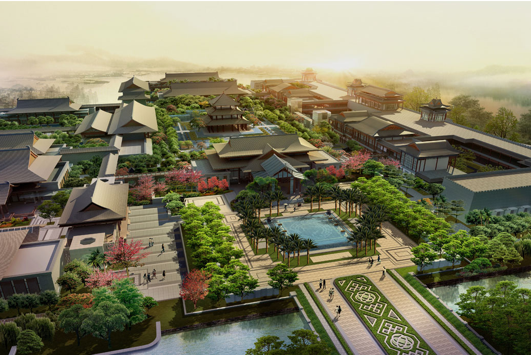 城墙,护城河,园林,水景…,酒店把中国皇室建筑风格与中庭花园的园林