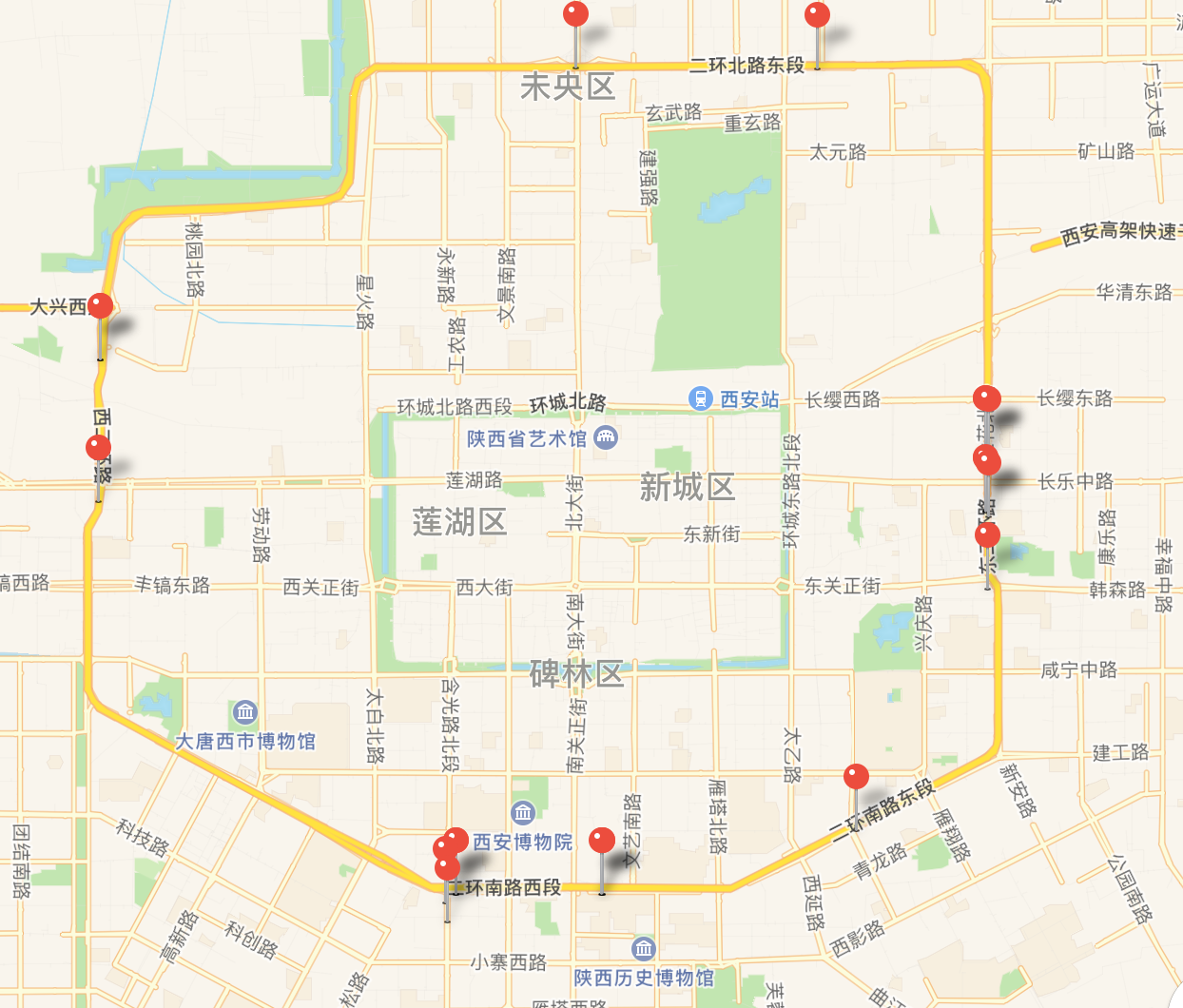 从地图上看到,我给你推荐的是地铁二号线沿线的部分,要是想离西安