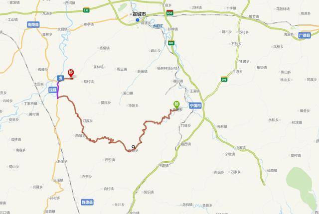 全程120公里,东起宁国市的青龙乡,西至泾县的琴溪镇,南达旌德县的蔡家