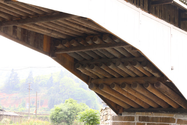 木作传统的“抱柱夹枋固结法”固牢,然后横架短木,上面铺木板为桥面。 在桥拱肩背部砌筑十五级青石踏步,