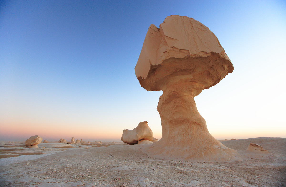         白沙漠风化而成的蘑菇石