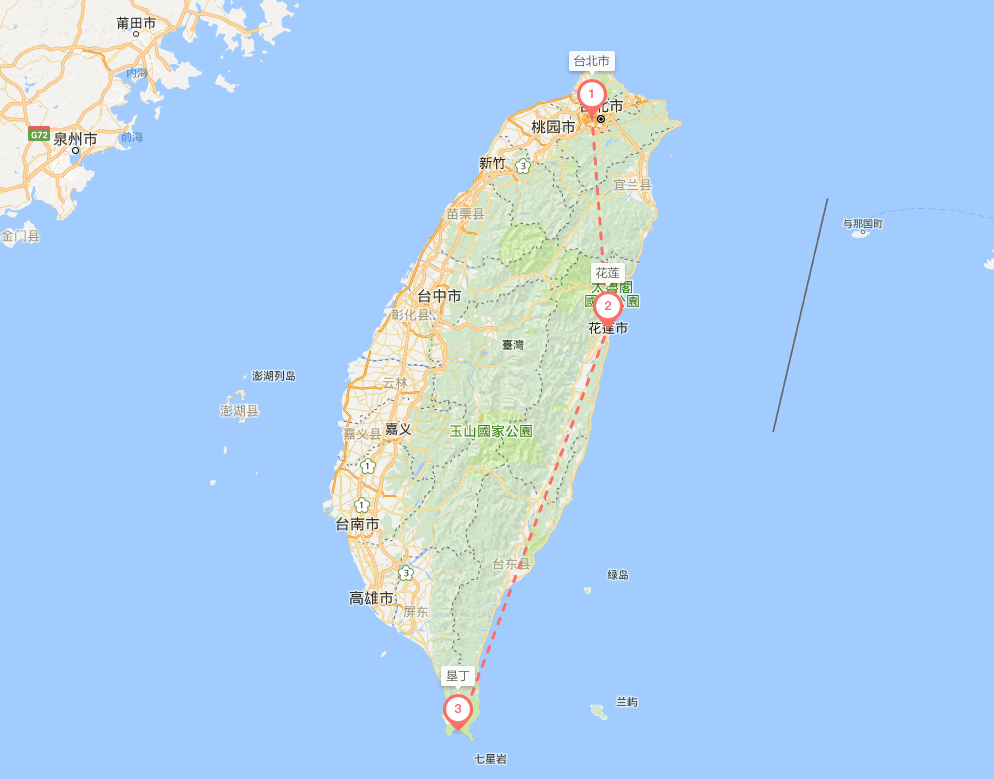 台北至花莲:台北距离花莲170公里,车程大约4小时